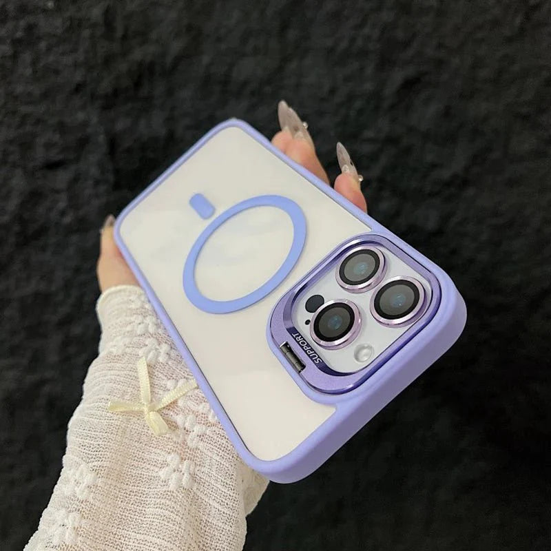 Magnetic Shockproof Transparent Phone Case with Stand Glass Lens Protection