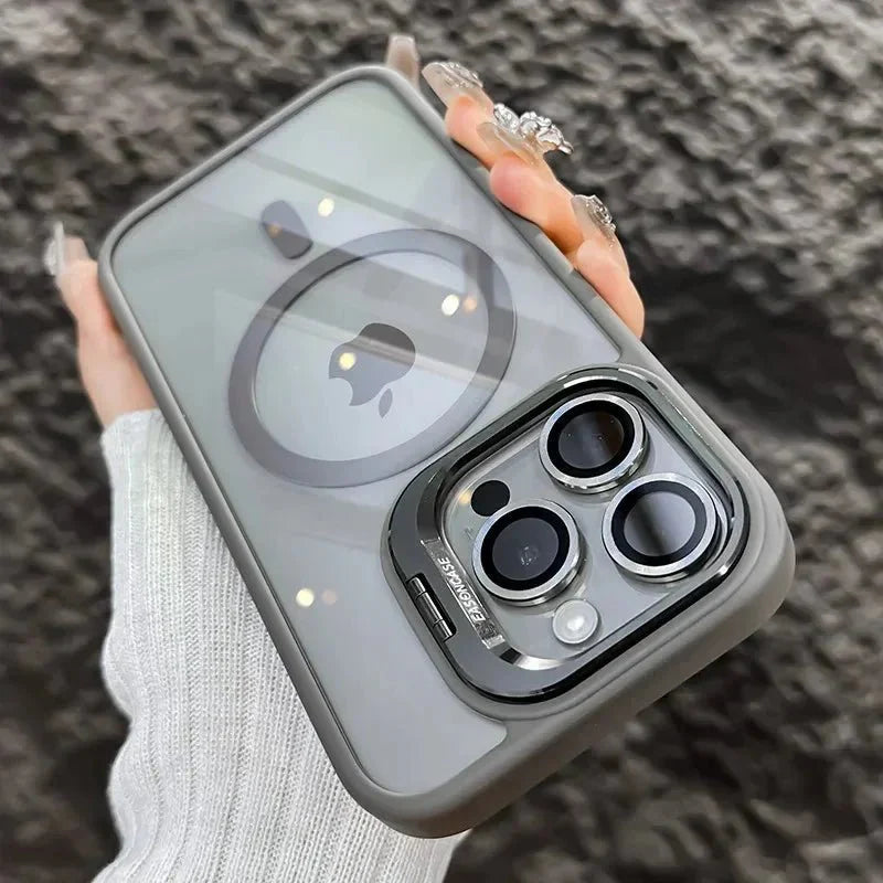 Magnetic Shockproof Transparent Phone Case with Stand Glass Lens Protection