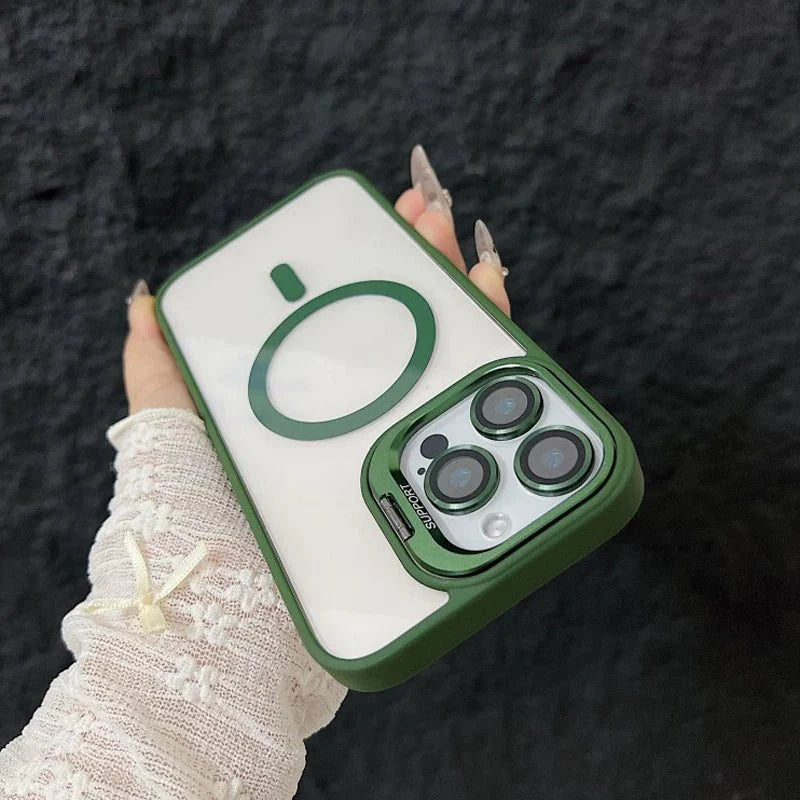 Magnetic Shockproof Transparent Phone Case with Stand Glass Lens Protection