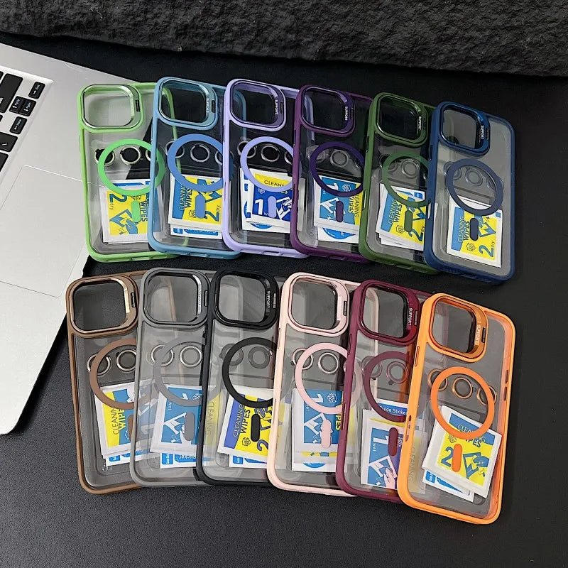 Magnetic Shockproof Transparent Phone Case with Stand Glass Lens Protection