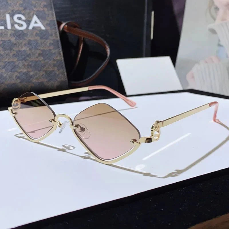 Metal Half-Frame Diamond Sunglasses | UV400 Gradient Geometric Shades