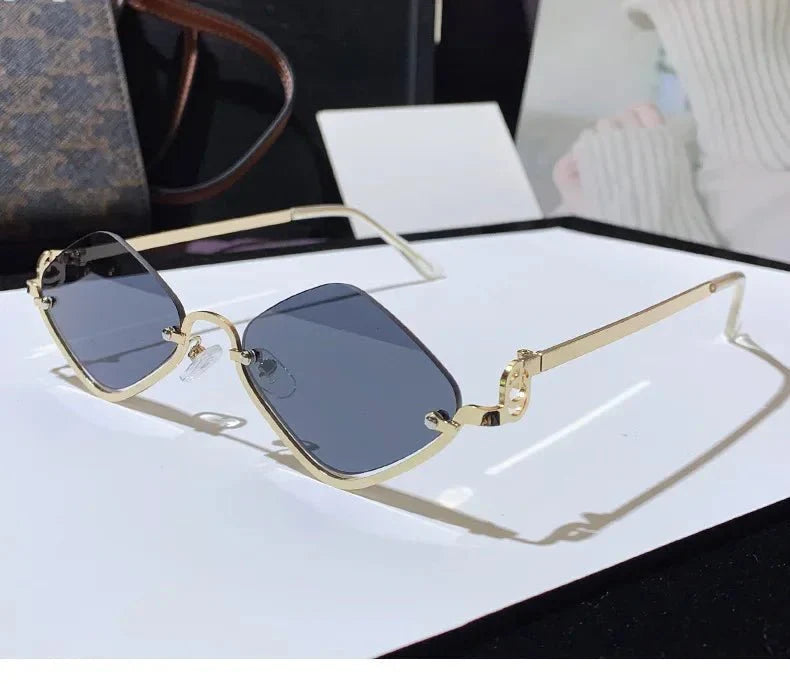Metal Half-Frame Diamond Sunglasses | UV400 Gradient Geometric Shades