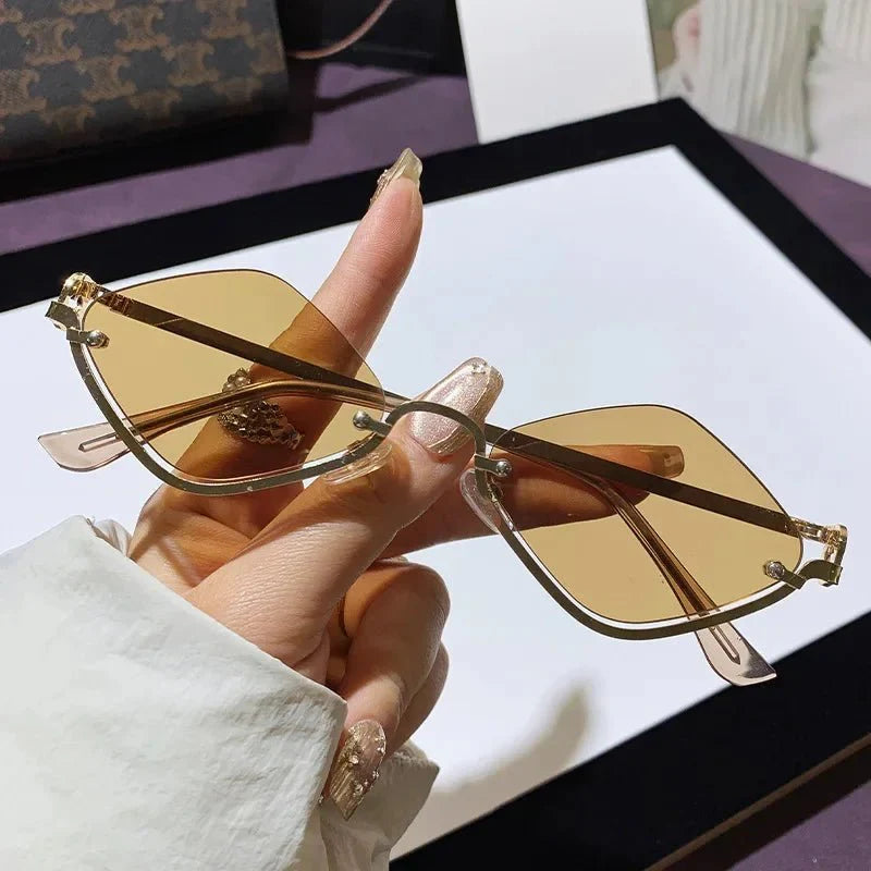 Metal Half-Frame Diamond Sunglasses | UV400 Gradient Geometric Shades