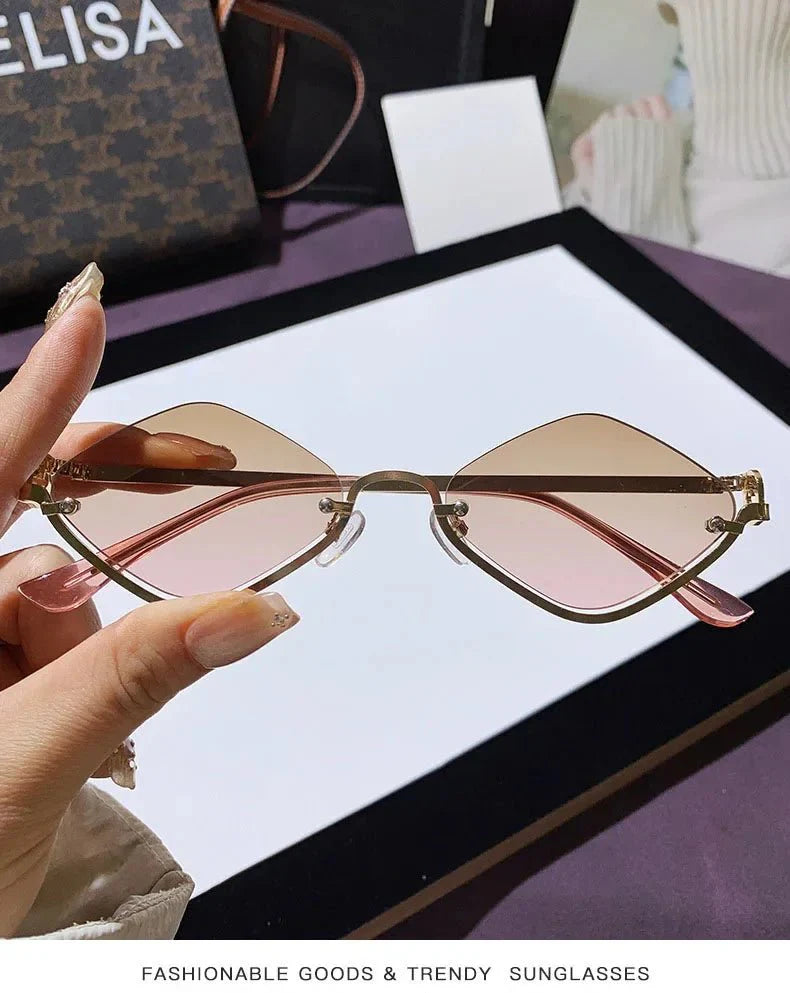 Metal Half-Frame Diamond Sunglasses | UV400 Gradient Geometric Shades