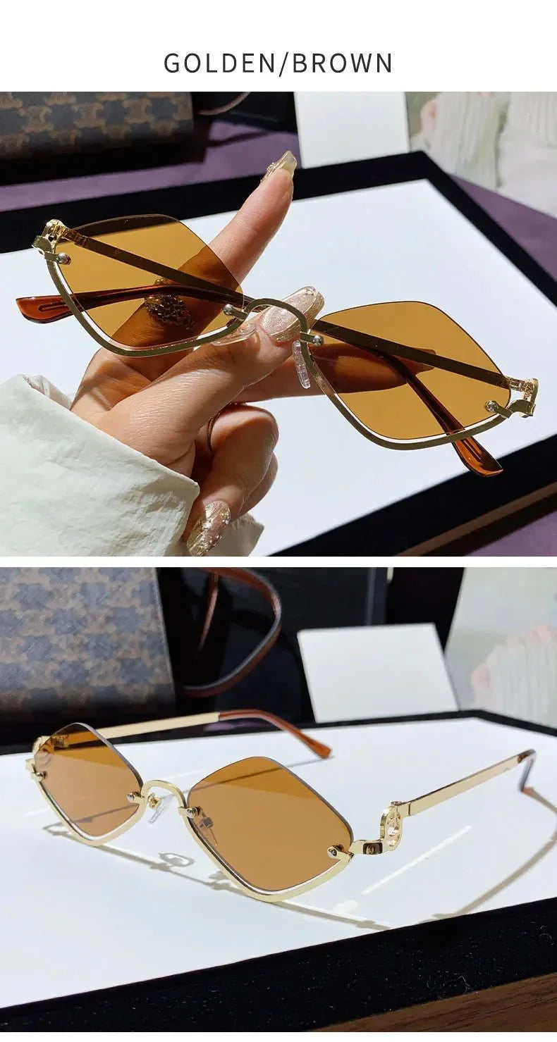 Metal Half-Frame Diamond Sunglasses | UV400 Gradient Geometric Shades
