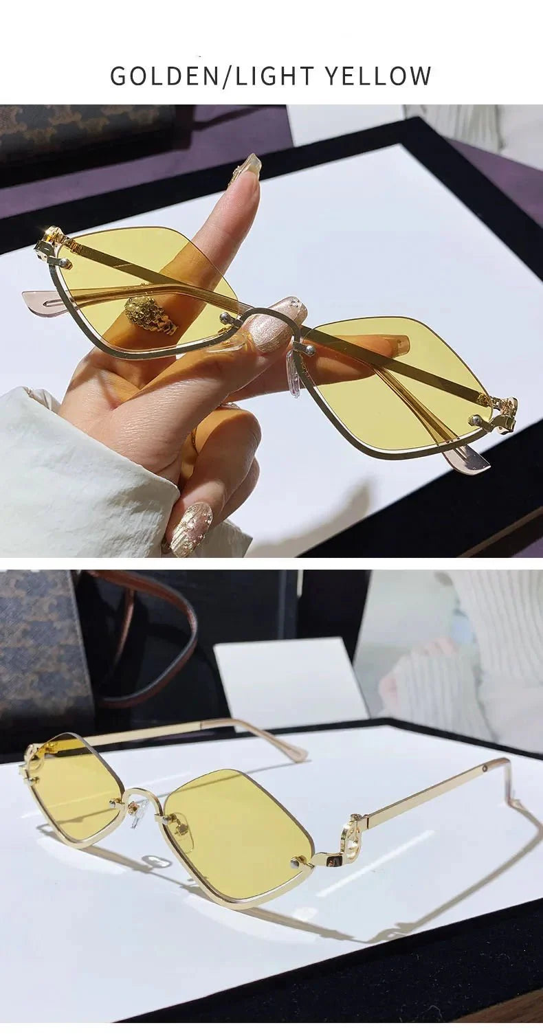 Metal Half-Frame Diamond Sunglasses | UV400 Gradient Geometric Shades