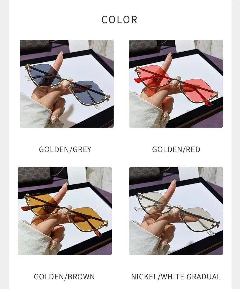 Metal Half-Frame Diamond Sunglasses | UV400 Gradient Geometric Shades