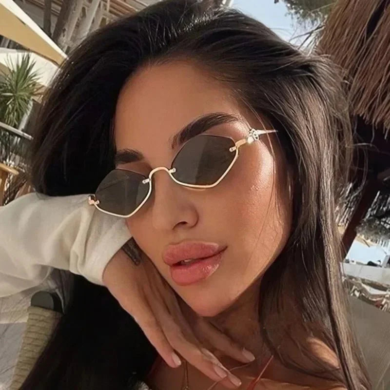 Metal Half-Frame Diamond Sunglasses | UV400 Gradient Geometric Shades