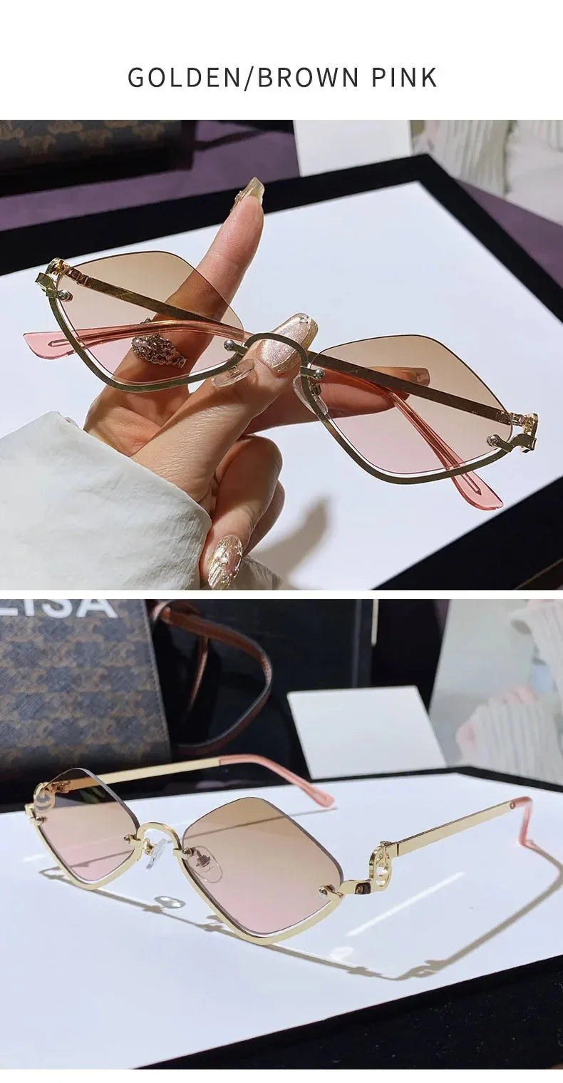 Metal Half-Frame Diamond Sunglasses | UV400 Gradient Geometric Shades