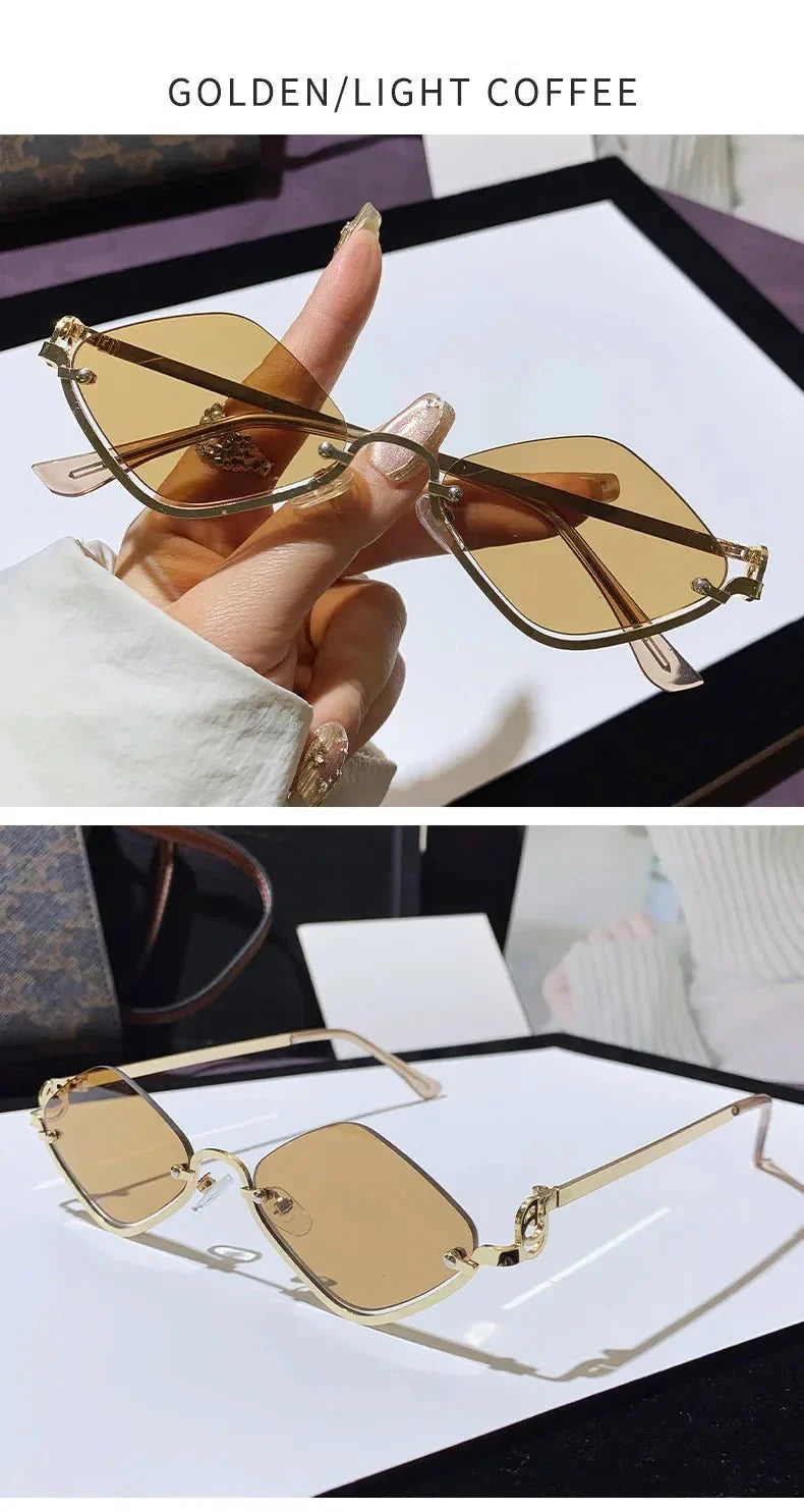 Metal Half-Frame Diamond Sunglasses | UV400 Gradient Geometric Shades