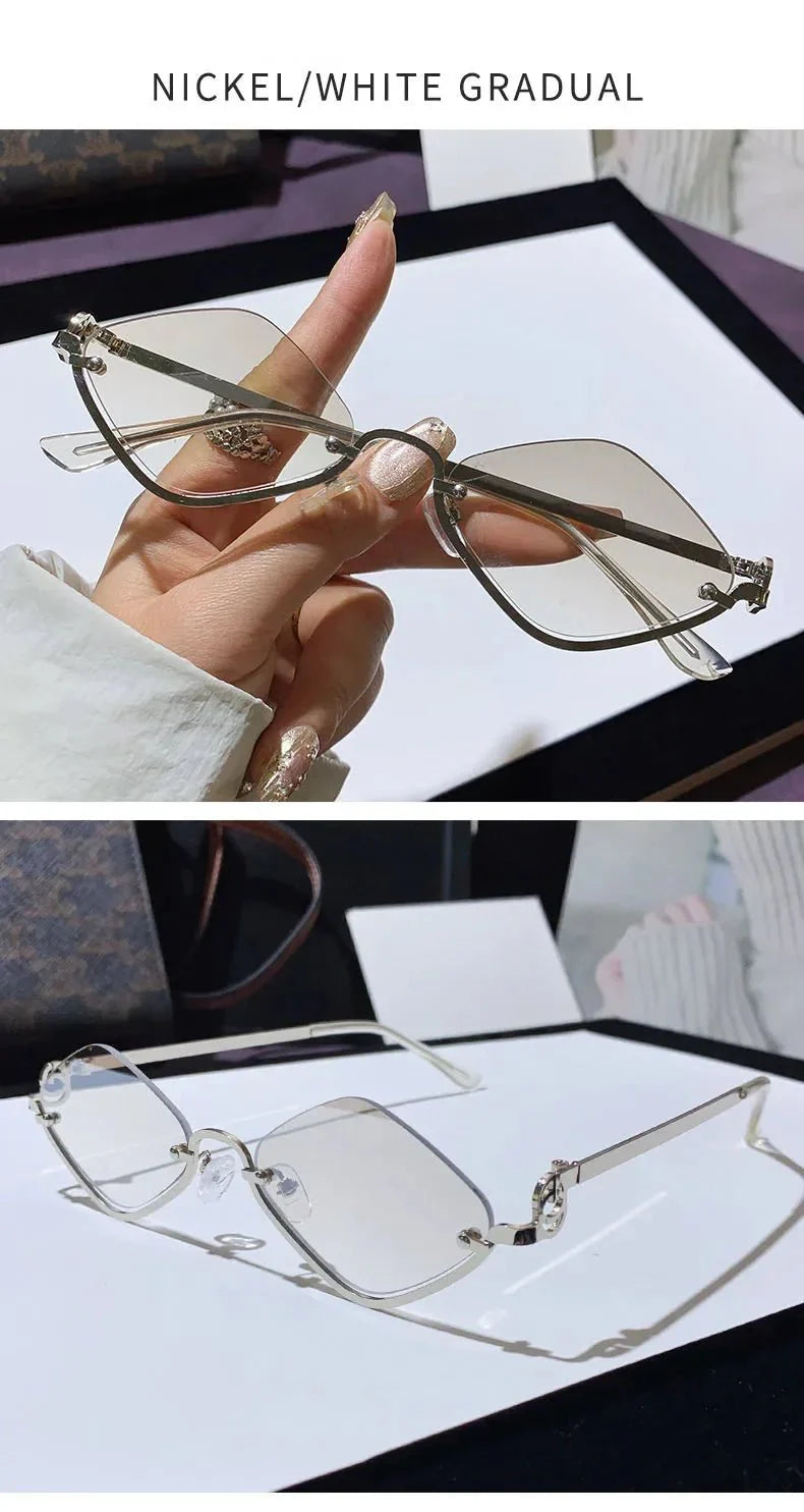 Metal Half-Frame Diamond Sunglasses | UV400 Gradient Geometric Shades