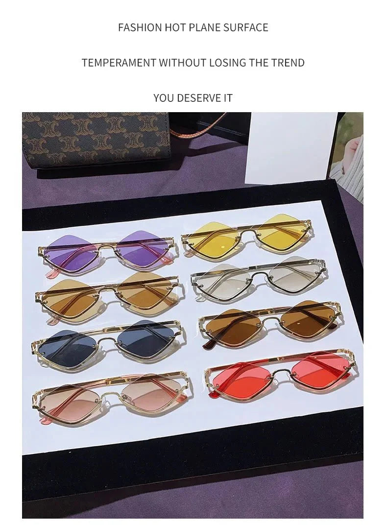 Metal Half-Frame Diamond Sunglasses | UV400 Gradient Geometric Shades