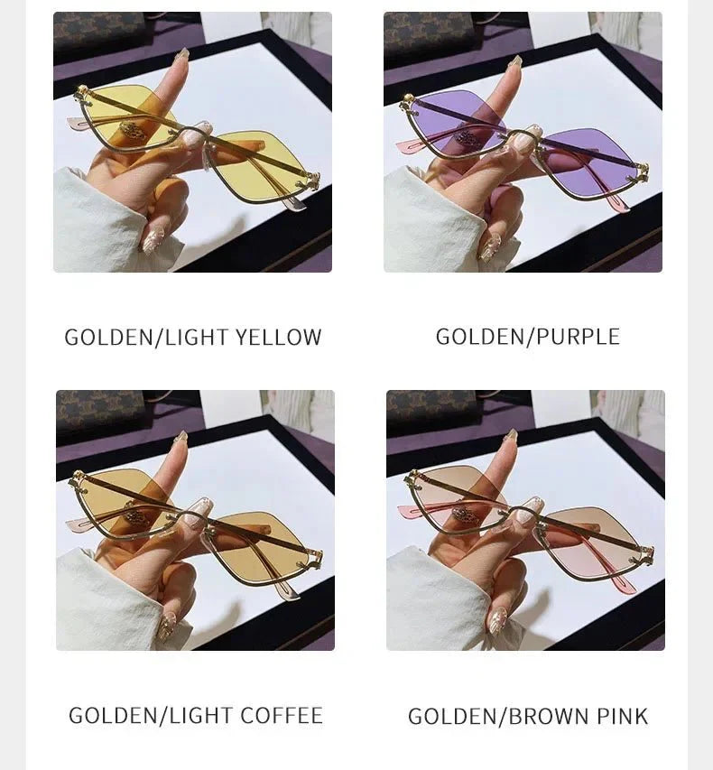 Metal Half-Frame Diamond Sunglasses | UV400 Gradient Geometric Shades