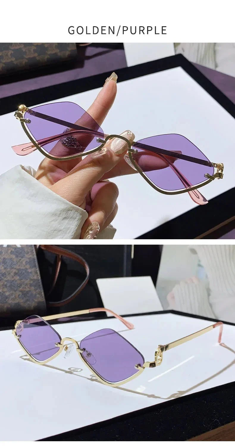 Metal Half-Frame Diamond Sunglasses | UV400 Gradient Geometric Shades