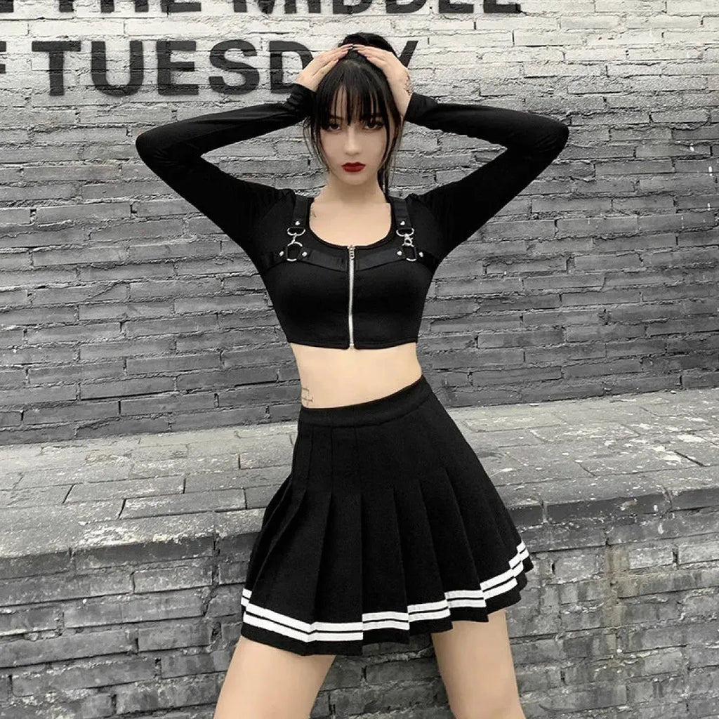 Harajuku Gothic Pleated Mini Skirt – Punk High Waist Patchwork Style