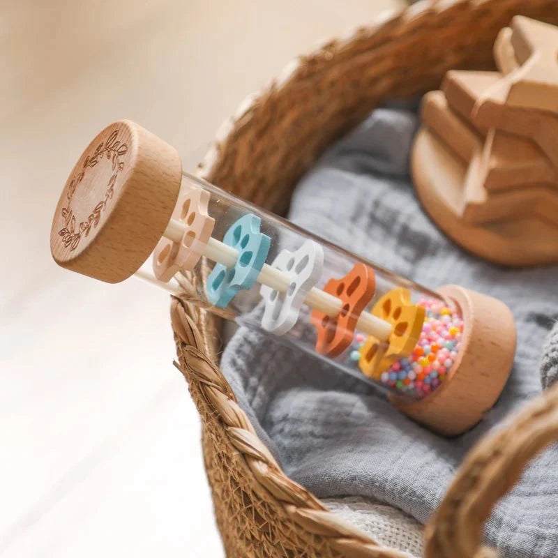 Montessori Wooden Baby Rain Stick – Rainbow Hourglass Music Rattle Toy
