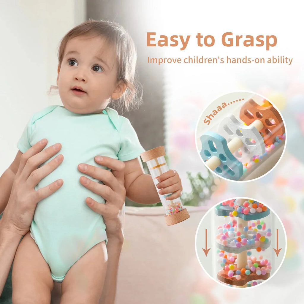 Montessori Wooden Baby Rain Stick – Rainbow Hourglass Music Rattle Toy