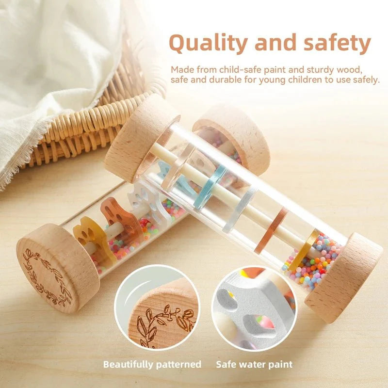 Montessori Wooden Baby Rain Stick – Rainbow Hourglass Music Rattle Toy