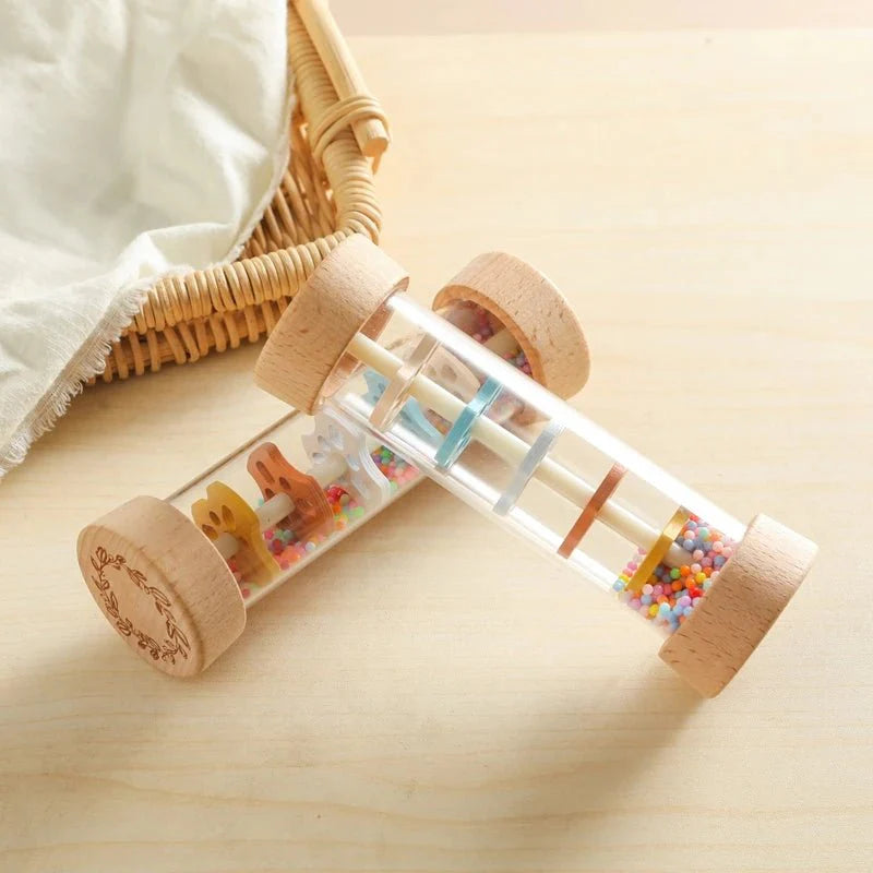 Montessori Wooden Baby Rain Stick – Rainbow Hourglass Music Rattle Toy