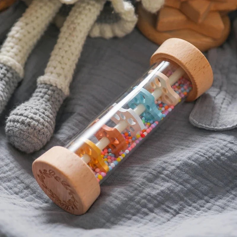 Montessori Wooden Baby Rain Stick – Rainbow Hourglass Music Rattle Toy