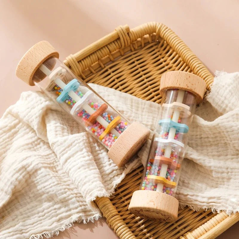 Montessori Wooden Baby Rain Stick – Rainbow Hourglass Music Rattle Toy