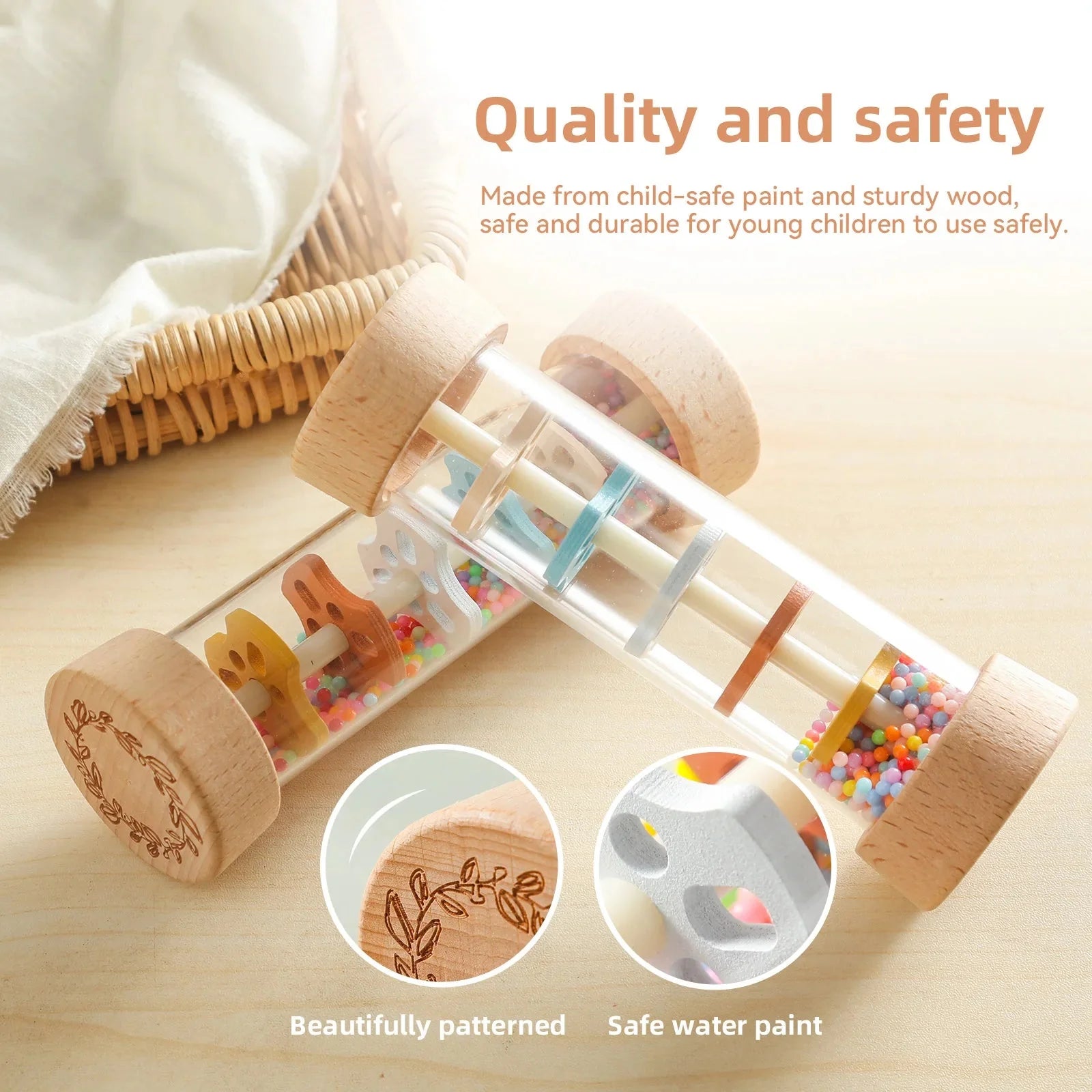 Montessori Wooden Baby Rain Stick – Rainbow Hourglass Music Rattle Toy