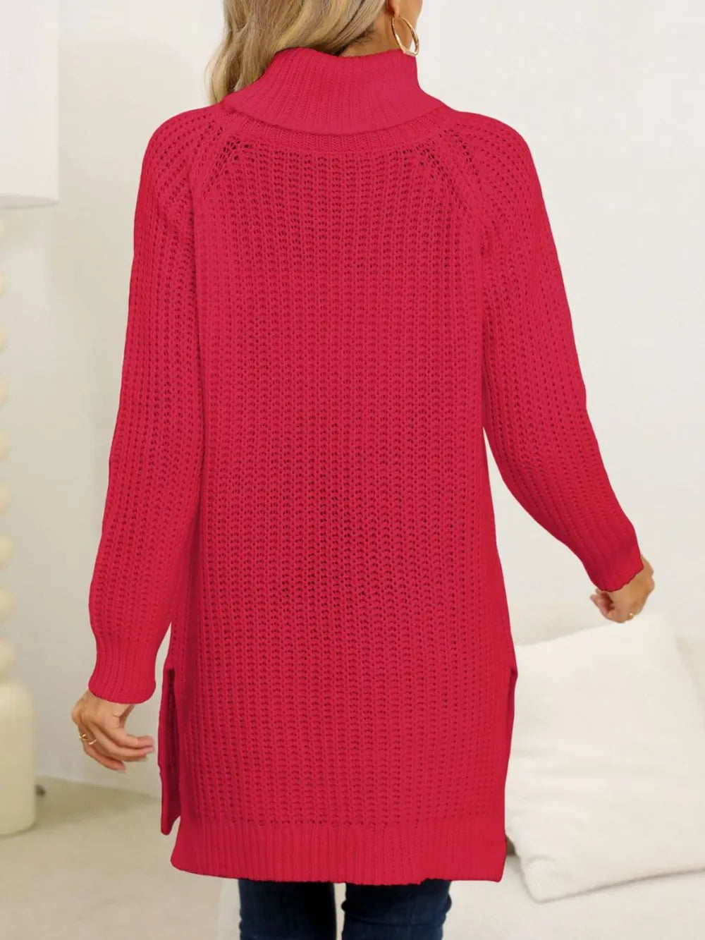New autumn and winter thick sweater high neck simple slit dress