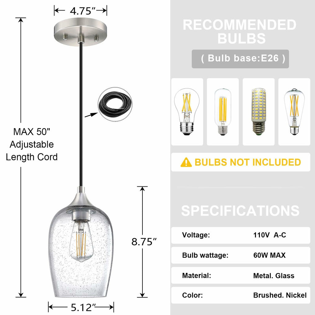 3 Pack Globe Pendant Light 5.1" Clear Seeded Glass Brushed Nickel Modern