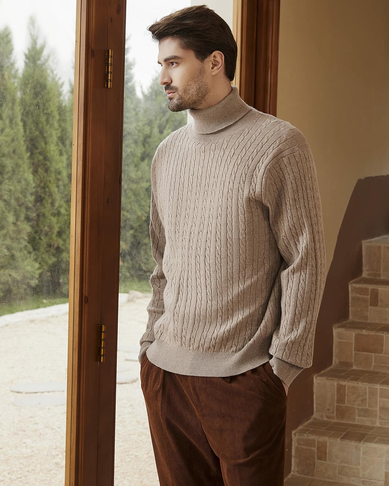 Kallspin Men's Wool Blend Cable-Knit Turtle Neck Sweater Coffee Size L