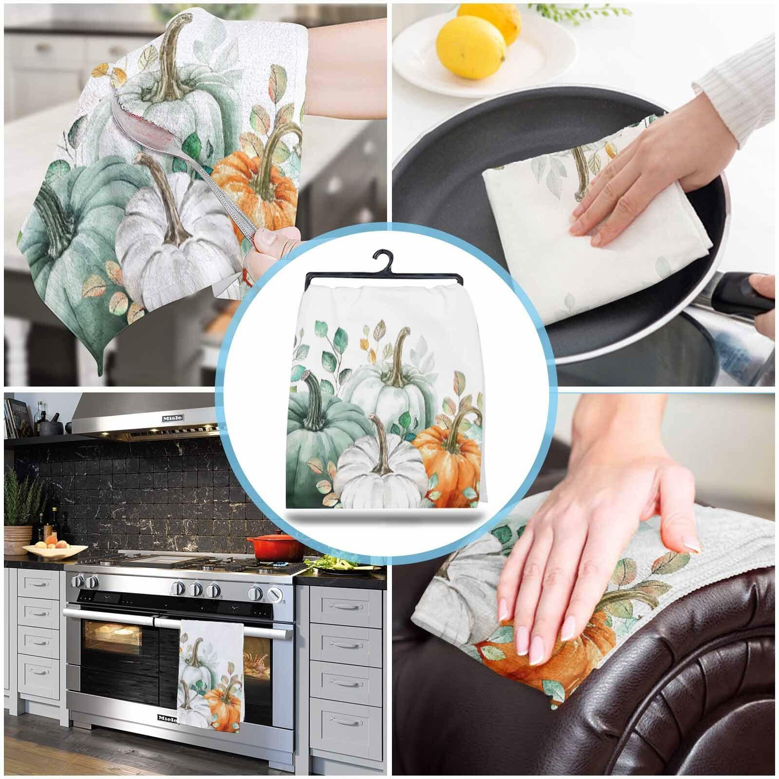 Thanksgiving Green Pumpkin Kitchen Towels Set of 2 18x28 Fall Decor Absorbent