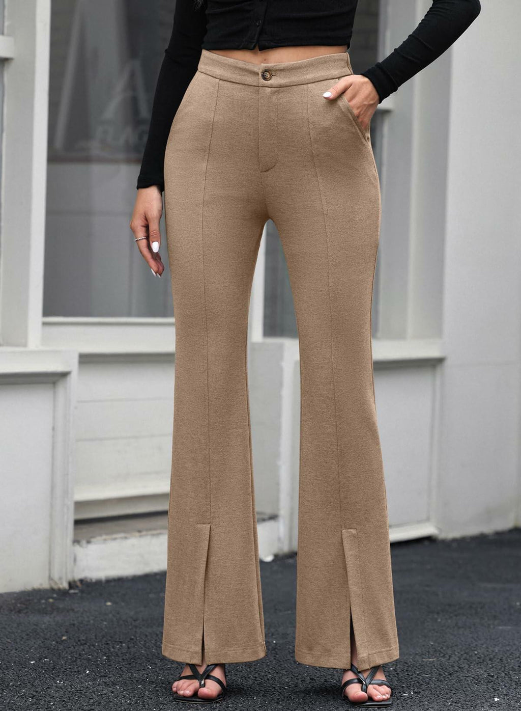 EVALESS Women's Khaki High Waisted Stretchy Flared Work Pants Medium