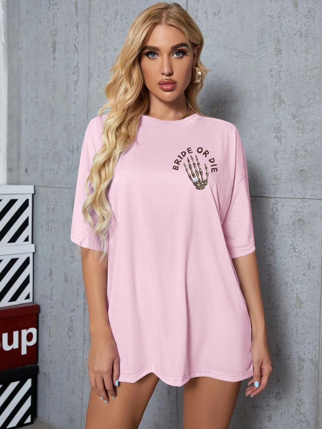 Bride Shirts Women Oversized Bride or Die Skeleton Hand Print Tee - Size XL