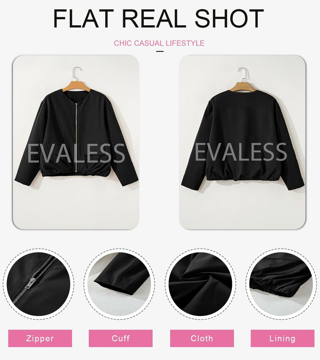 EVALESS Women's Bomber Jacket Lightweight Zip Up Black Size XXL