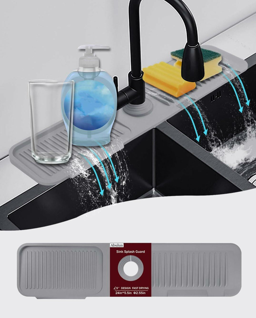 5° Slope Kitchen Sink Splash Guard Silicone Mat Gray 5x24in 1pc Faucet Tray