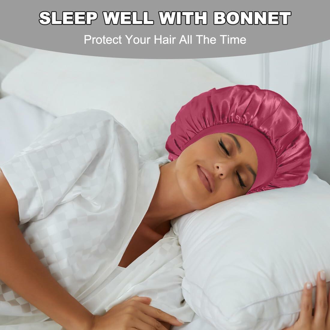 Satin Bonnet 2 Pack Silk Hair Bonnets Black Peacock Blue Pink