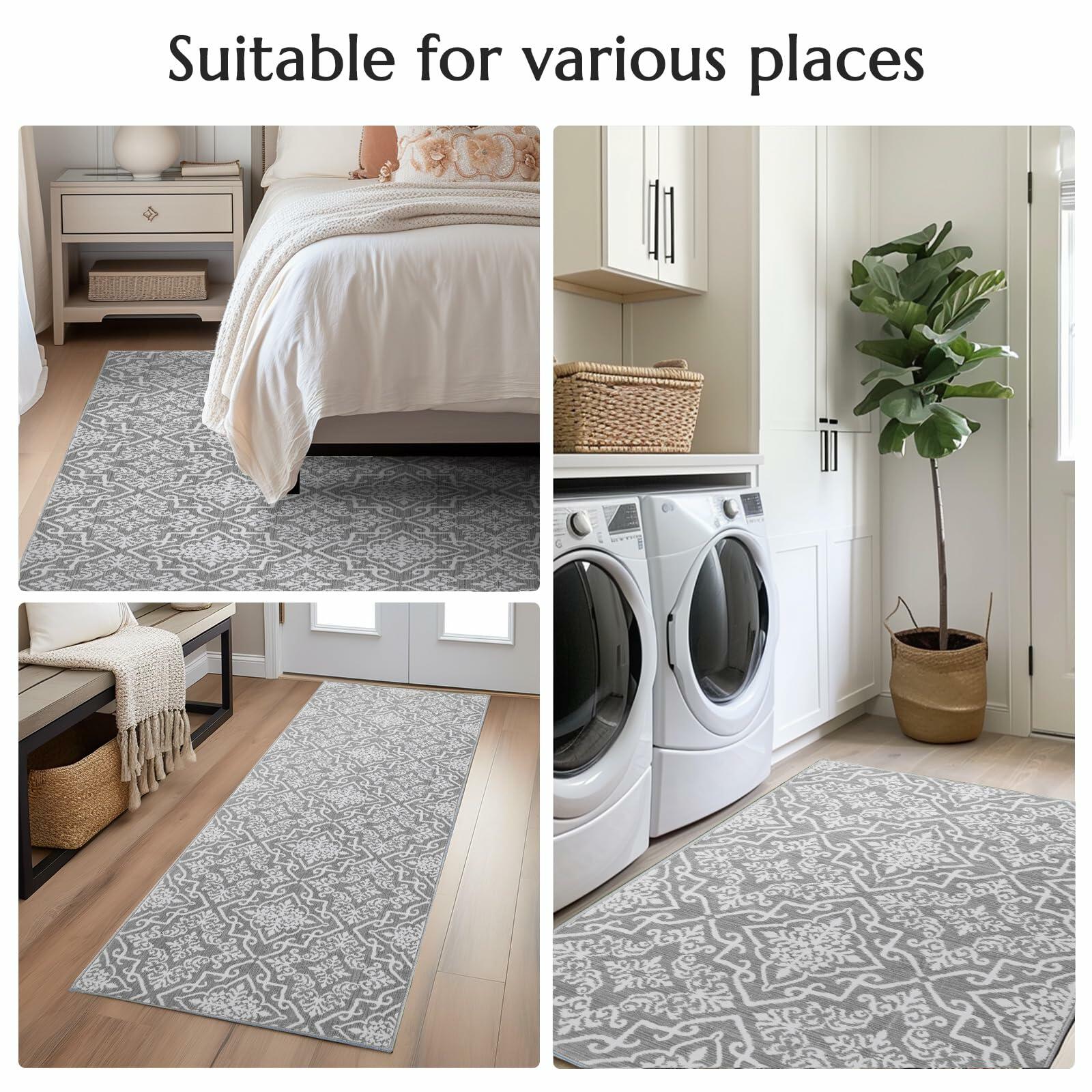 jinchan Area Rug 2x3 Moroccan Washable Non Slip Grey Floral Carpet