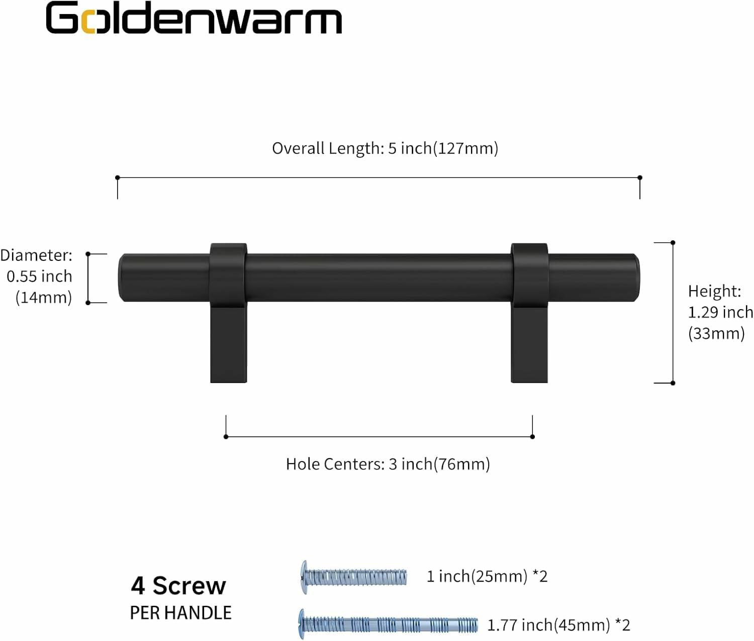 goldenwarm 6 Pack Black 5 Inch Cabinet Handles Stainless Steel Zinc Alloy