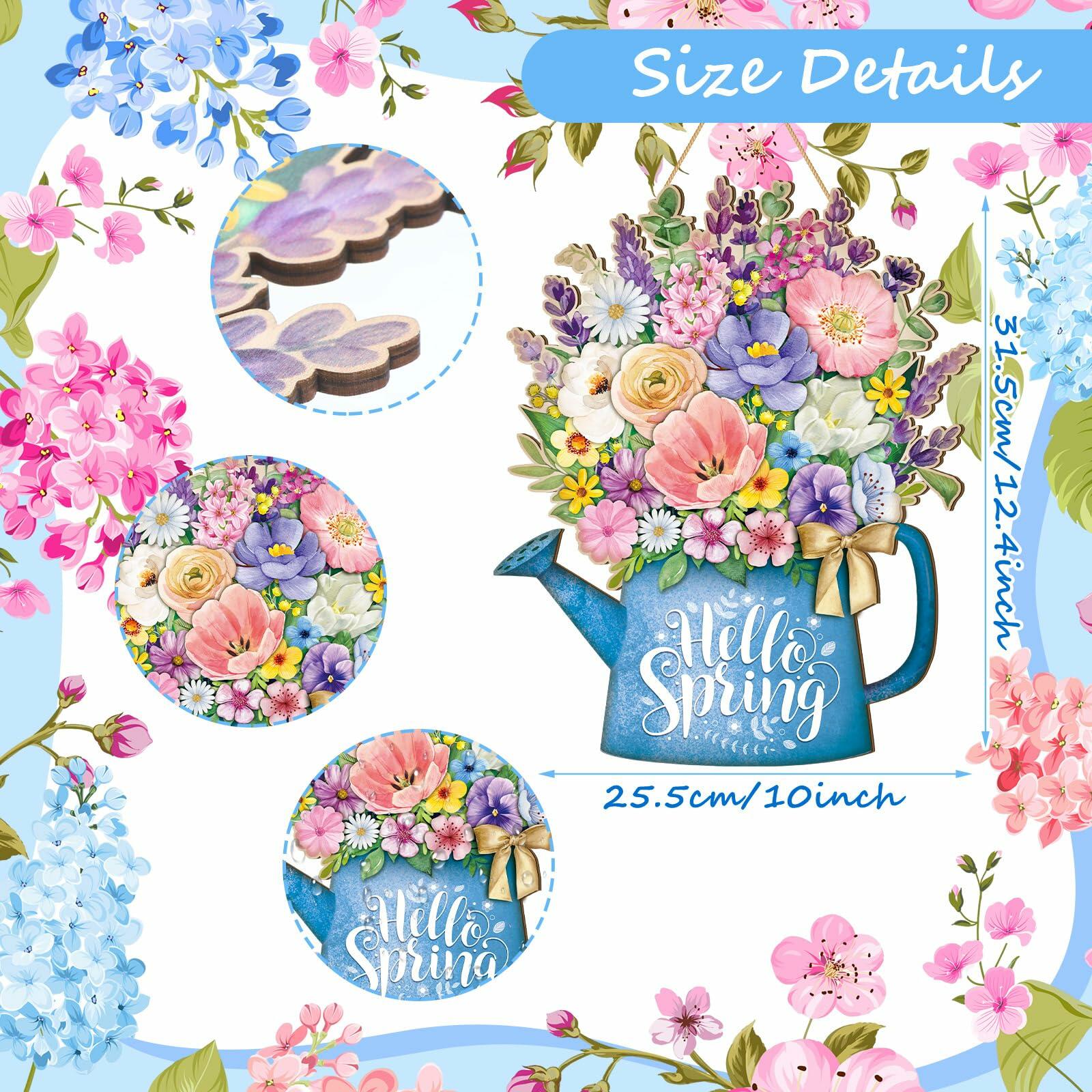 Spring Door Decor Wreath 12.4x10in Hello Spring Wooden Porch Sign