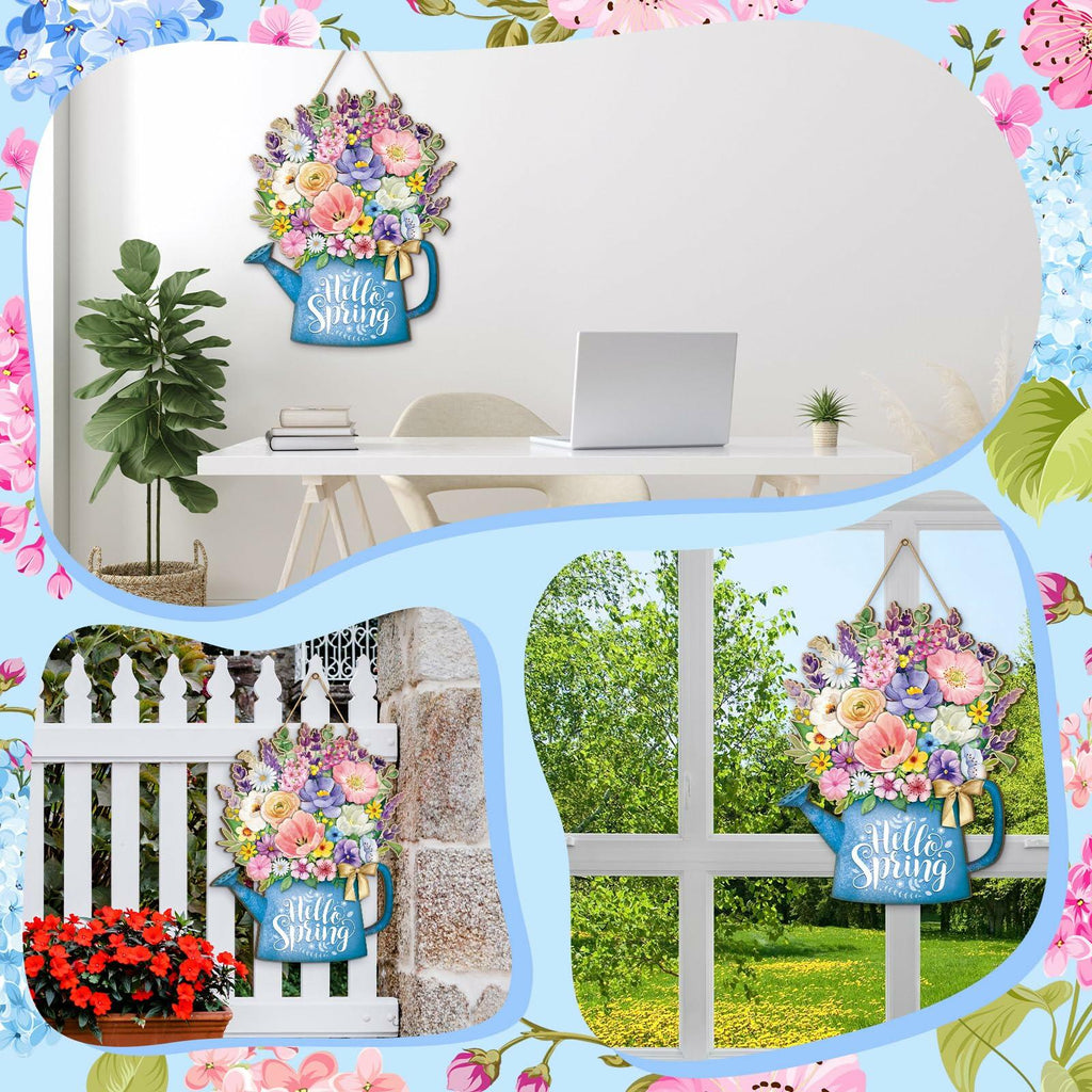 Spring Door Decor Wreath 12.4x10in Hello Spring Wooden Porch Sign