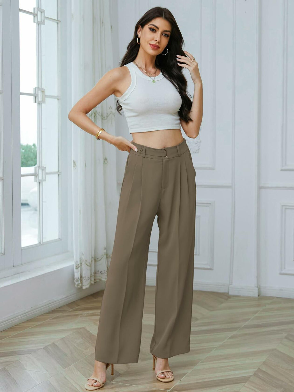 Betusline Womens Business Casual Wide Leg Long Dress Pants Brown Size Small