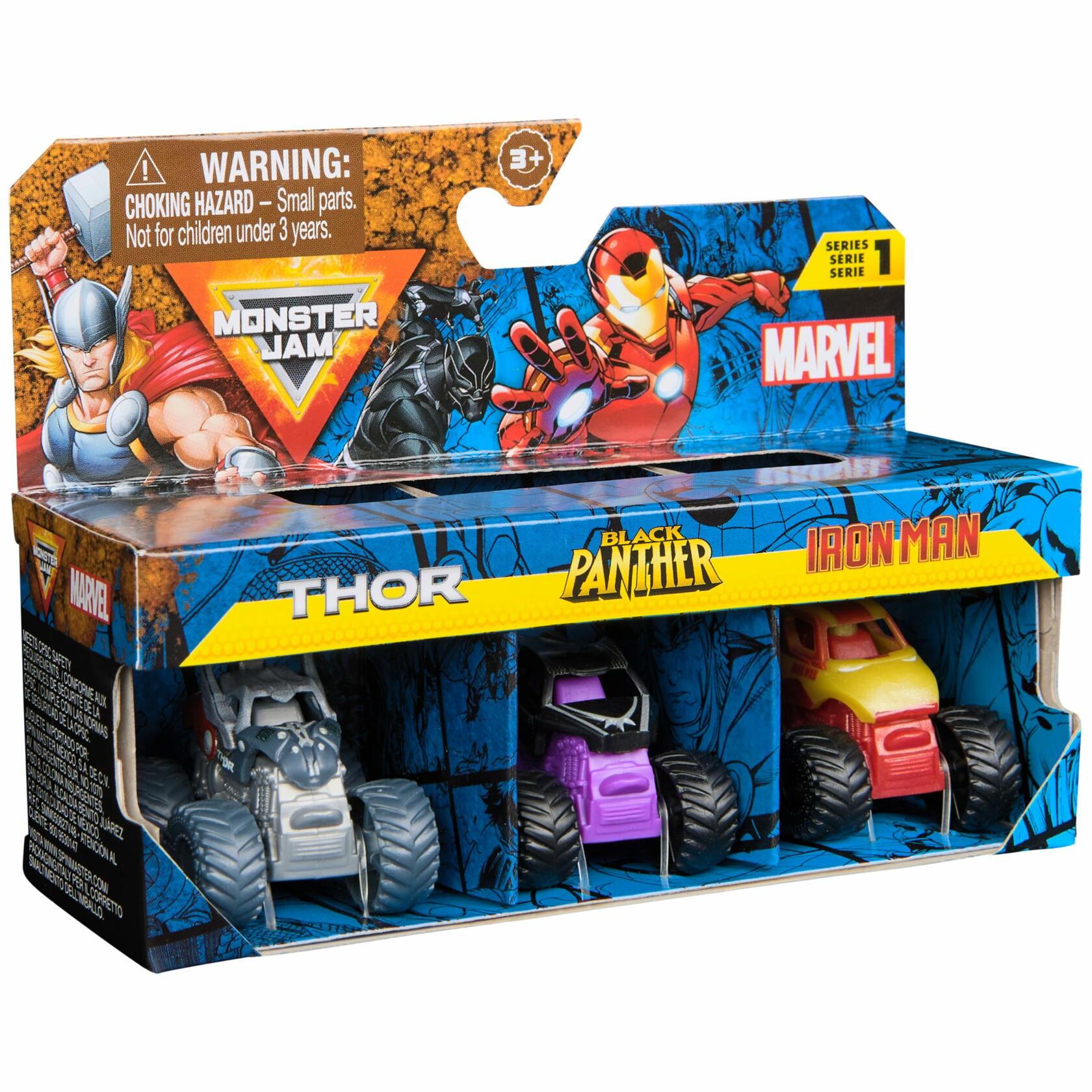 Monster Jam Marvel Mini Monster Truck 3-Pack Thor Black Panther Iron Man