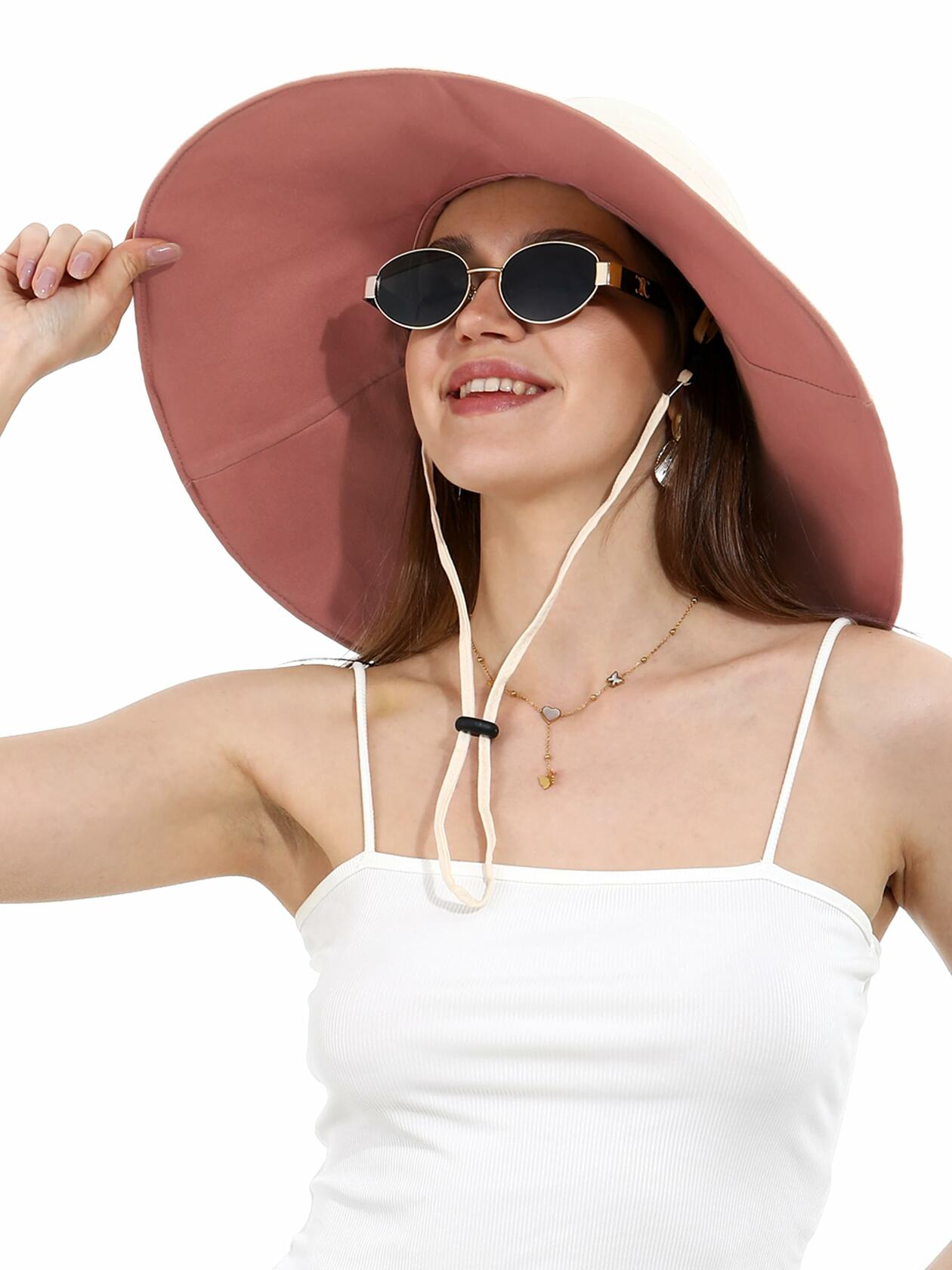 Rulala Fancy Sun Hat Women Wide Brim Reversible UV Protection Cotton Pink