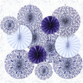 Wonderjune Chinoiserie Hanging Paper Fans Blue White 12 Pcs Party Decor
