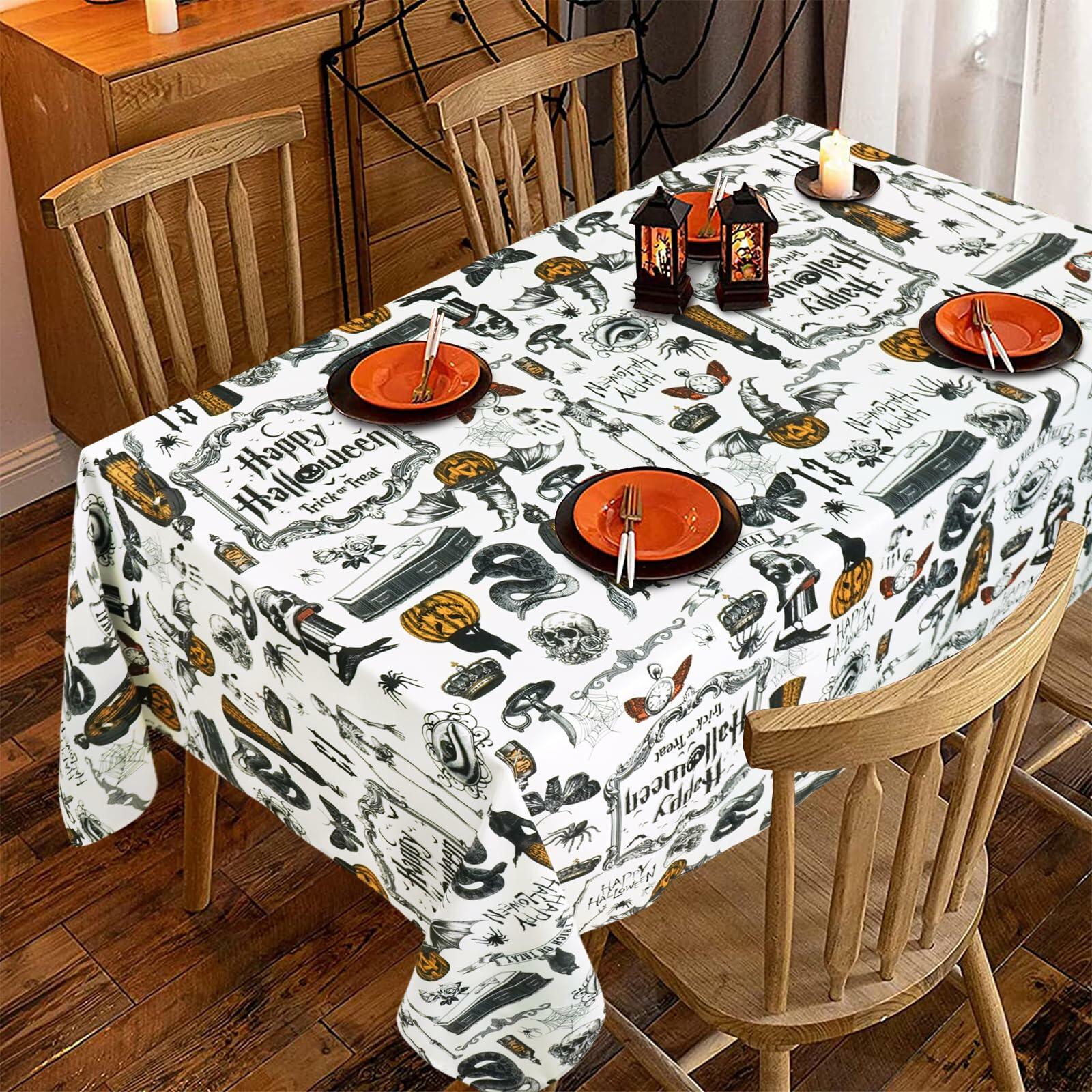aoselan Halloween Waterproof Skeleton Spider Web Tablecloth 60x120 Inch