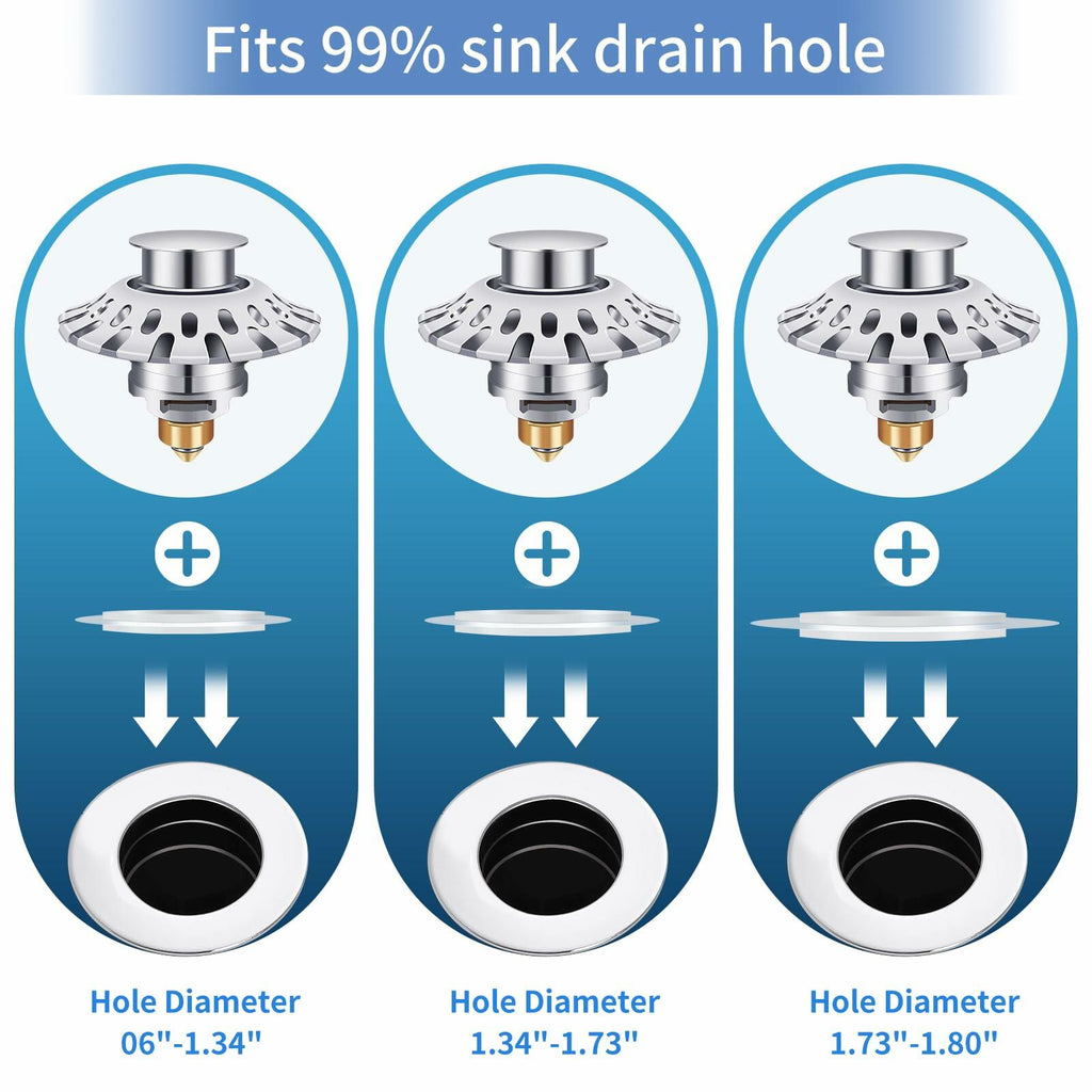 AUPHTIR Universal Bathroom Sink Stopper Pop Up Drain Plug 1.06-1.80'' Silver