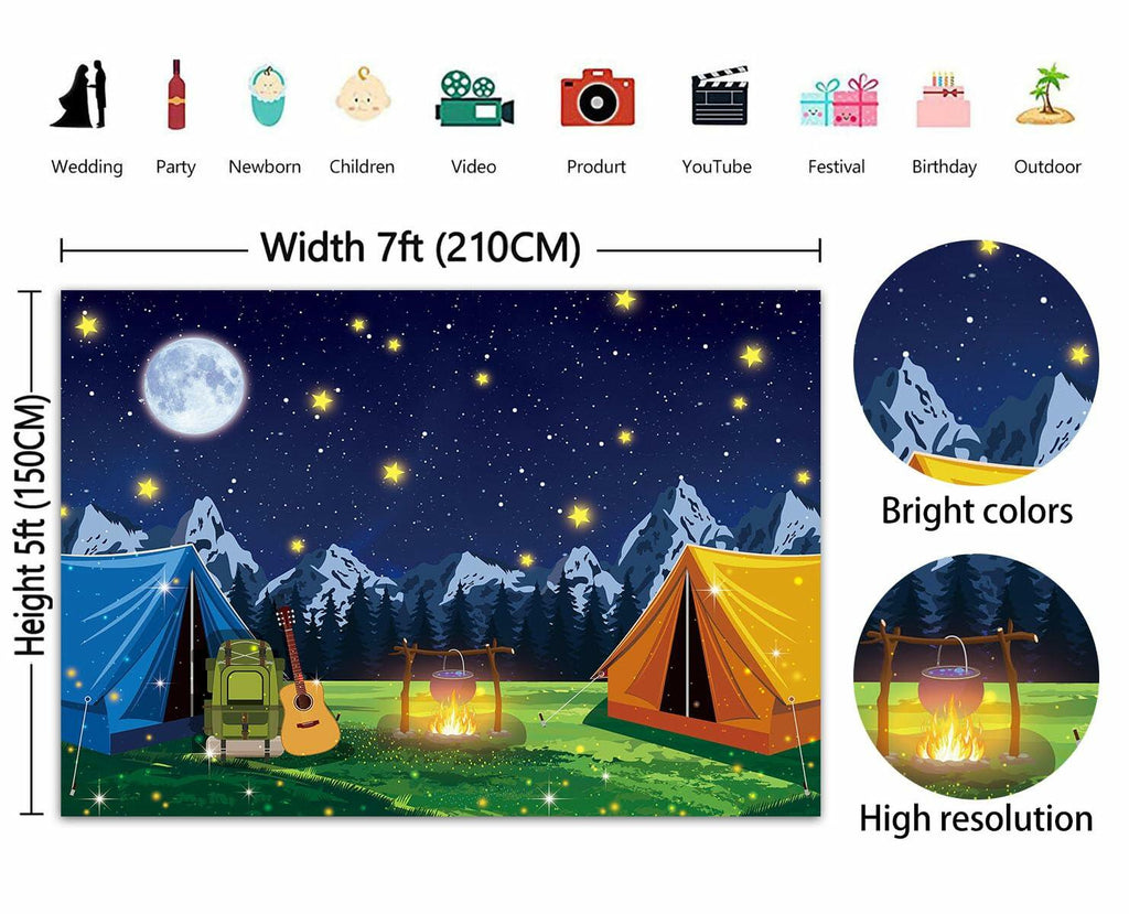 PGSWEER Camping Backdrop 7x5FT Blue Crepe Paper Campfire Mountain Banner