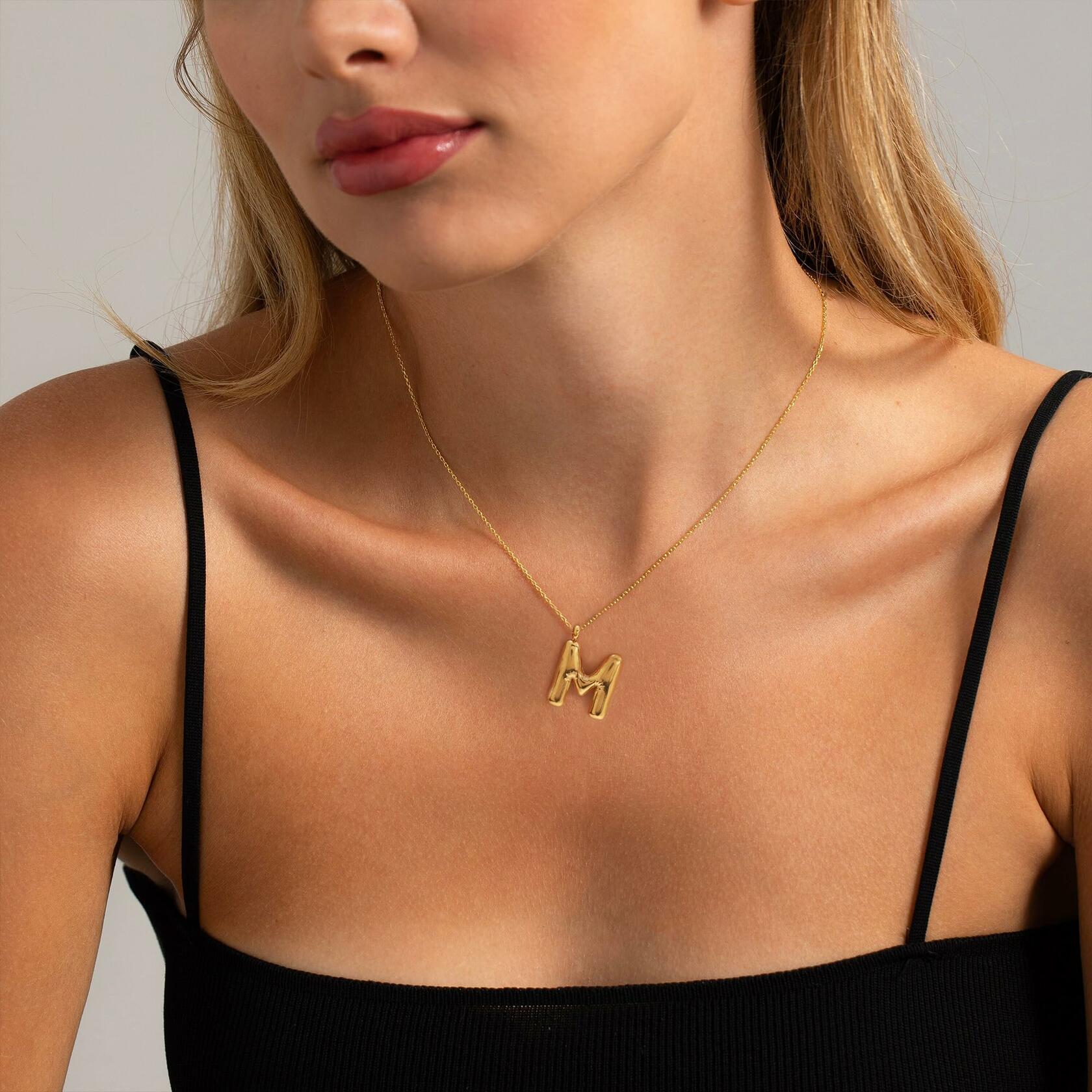 JNZSSWHJJH 18K Gold Filled Bubble Letter E Necklace Stainless Steel Box Chain