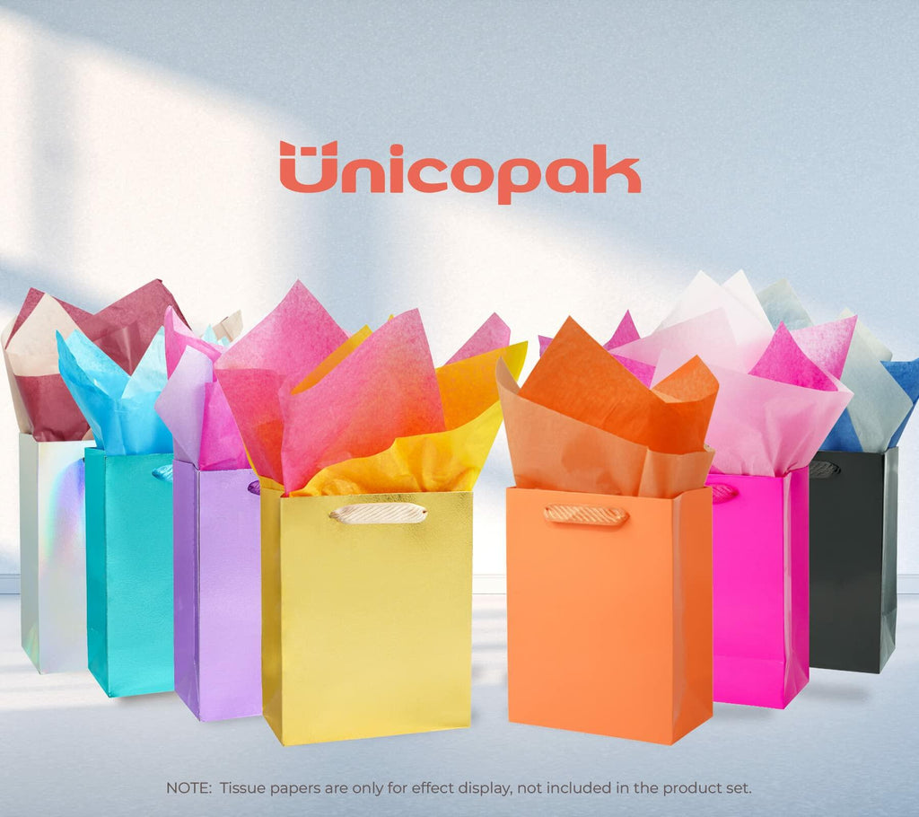 UnicoPak Gold Gift Bags 8x4x10in Glossy Embossed Medium 20 Pack