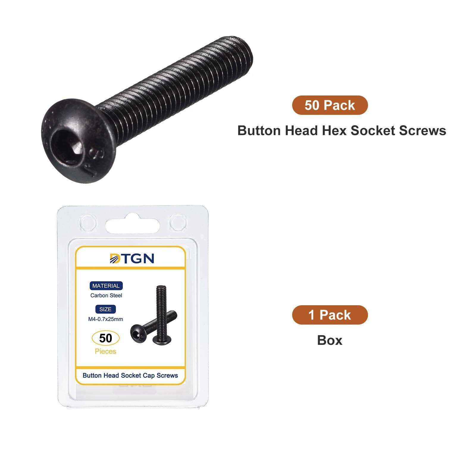 DTGN M4-0.7x25mm Button Head Socket Cap Screws 50pcs Black Carbon Steel Hex
