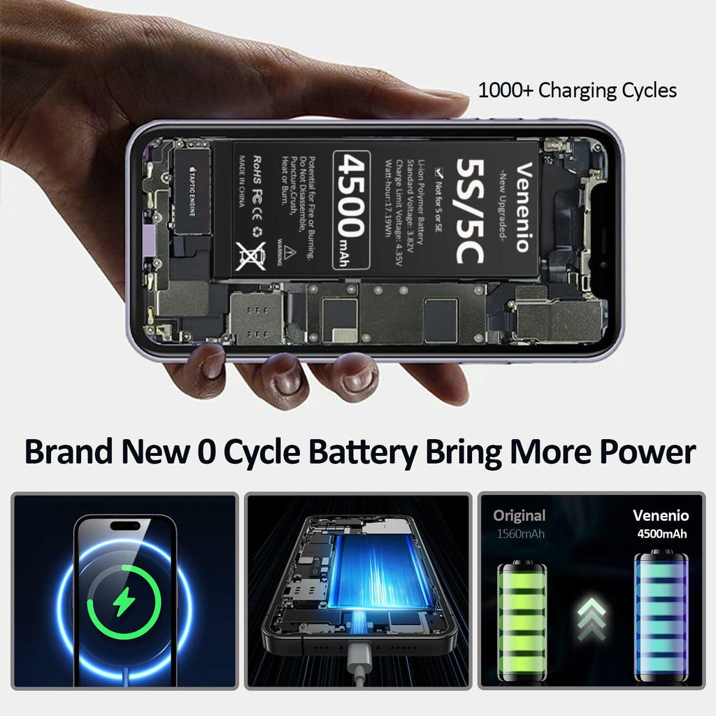 Venenio iPhone 5S/5C Battery 4500mAh Ultra-High Capacity Replacement Kit